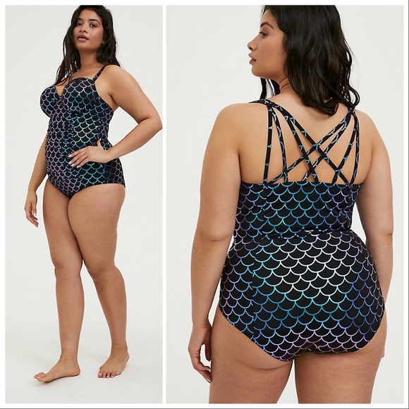 TORRID iridescent holo mermaid one piece swimsuit bathing suit, 2X D/DD. - Picture 2 of 8